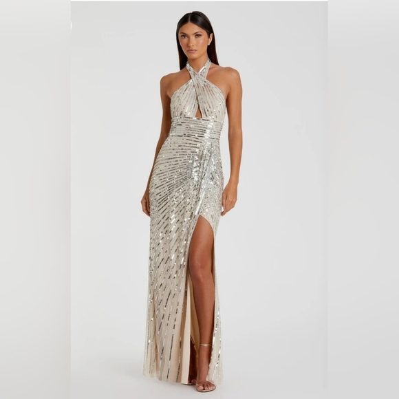 NWT! MAC DUGGAL, Sequin Halter Keyhole Column Gown,Nude/Silver,Size 2, MSRP $498 - Picture 1 of 14